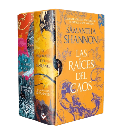 Estuche de la saga Las Raíces del Caos, de Samantha Shannon, con El priorato del naranjo y El día que se abrió el cielo