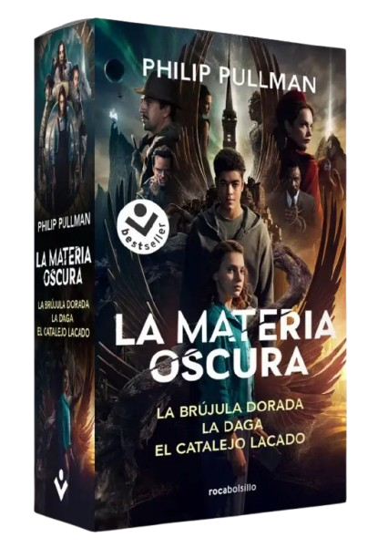Estuche de la trilogía La Materia Oscura, de Philip Pullman, con La brújula dorada, La daga y El catalejo lacado