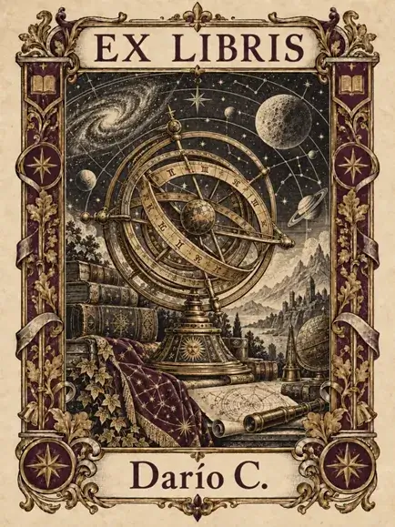 Exlibris de Darío C. con una esfera armilar rodeada de libros, mapas estelares e instrumentos astronómicos, bajo un cielo de planetas y galaxias.