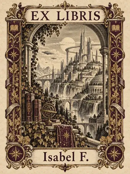 Exlibris de Isabel F. con una ciudad futurista de torres, cúpulas y puentes, vista desde un arco de piedra entre libros y vegetación.
