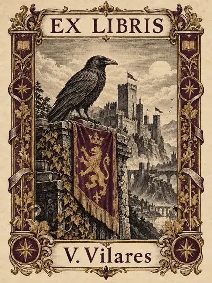 Exlibris de V. Vilares con un cuervo sobre una muralla, un estandarte púrpura con un león dorado y una fortaleza medieval al fondo.